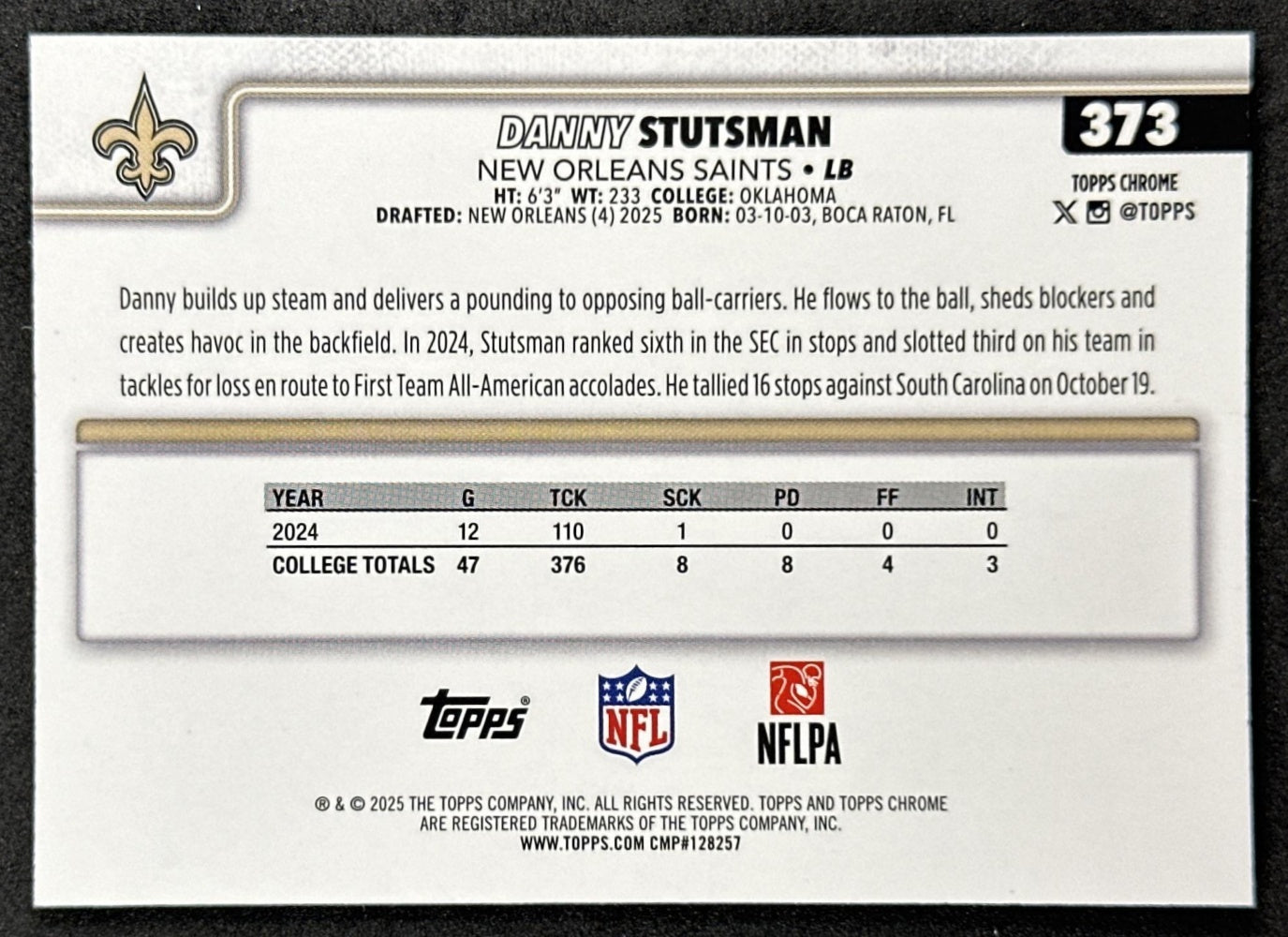 Danny Stutsman 2025 Topps Chrome Sapphire Saints Sports Trading Cards