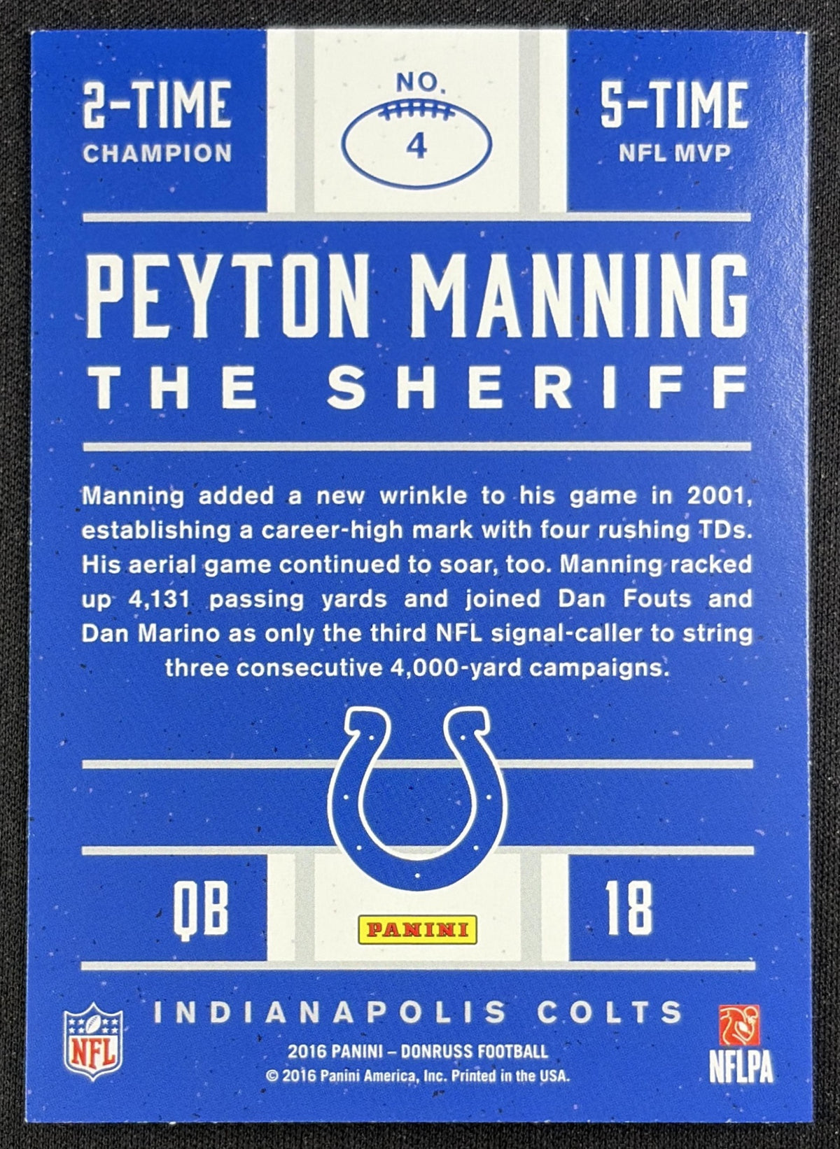 Peyton Manning 2016 Panini Donruss The Sheriff Tribute Red Foil Colts 4 back