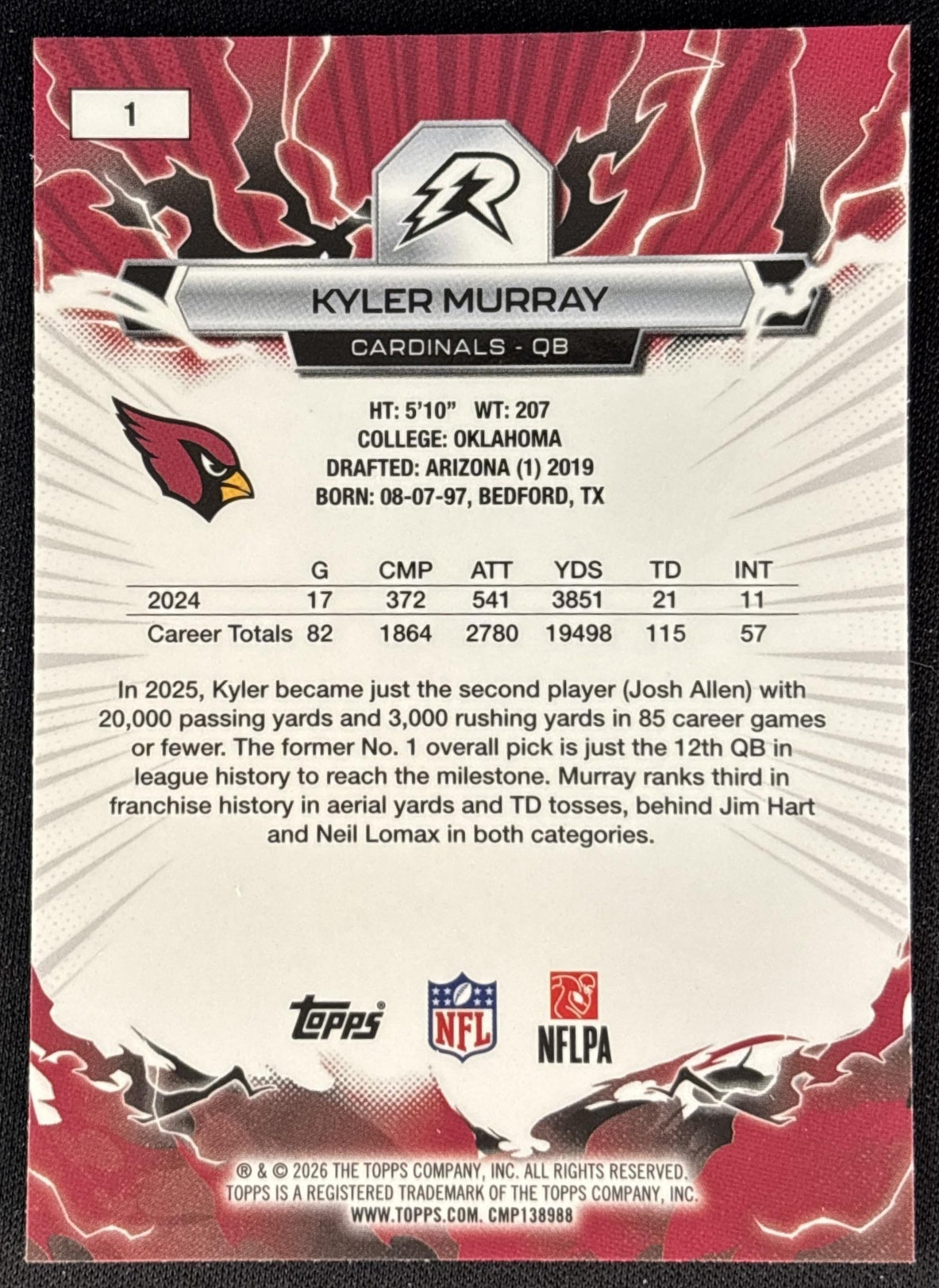Kyler Murray 2025 Topps Resurgence Cardinals Arizona Cardinals back