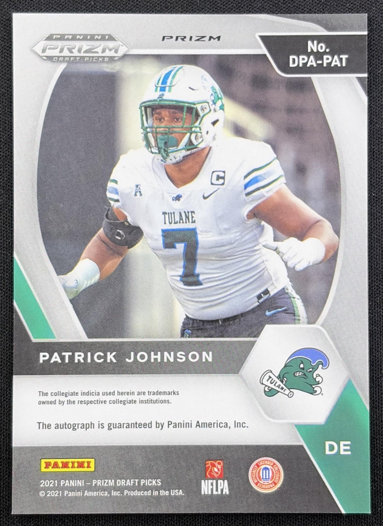 Patrick Johnson 2021 Panini Prizm Draft Picks Collegiate Silver Auto Tulane Green Wave