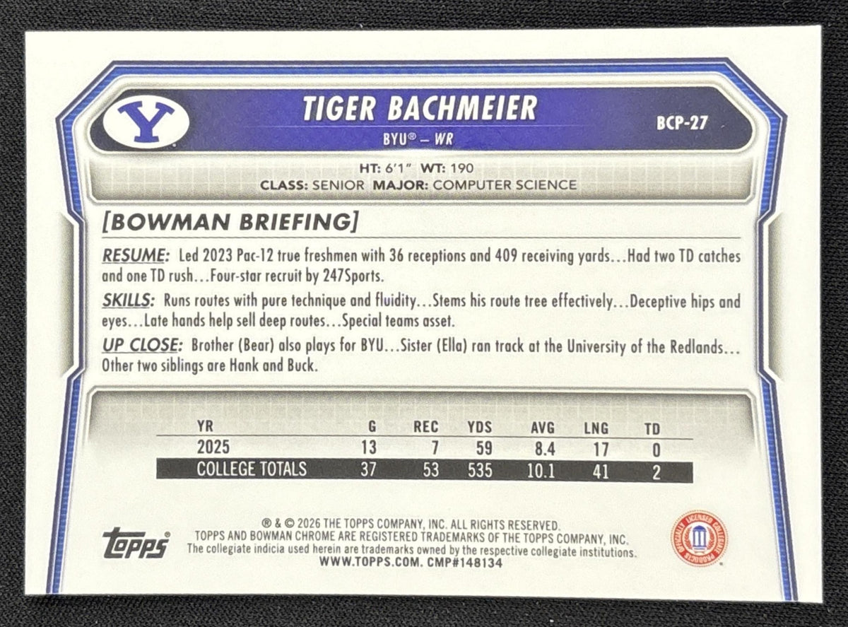 Tiger Bachmeier 2026 Bowman Chrome Prospects Cougars back