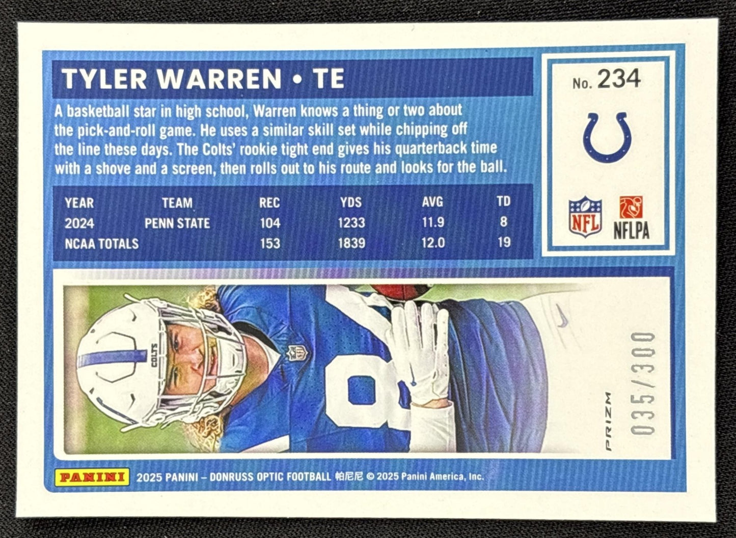 Tyler Warren 2025 Panini Donruss Optic Rated Rookie Wave Prizm /300 Colts - back