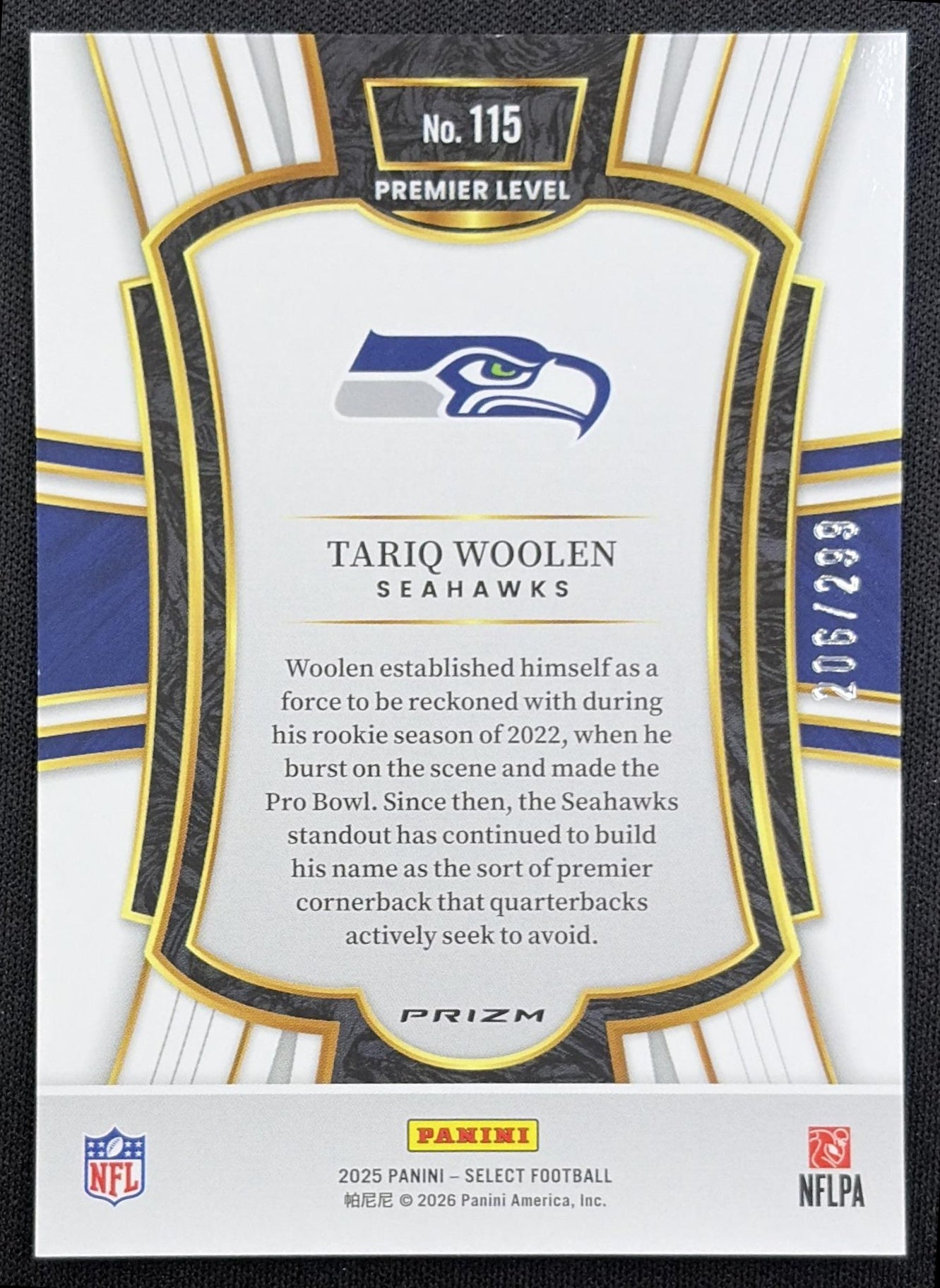 Tariq Woolen 2025 Panini Select Premier Level Tri-Color Prizm /299 Seahawks back