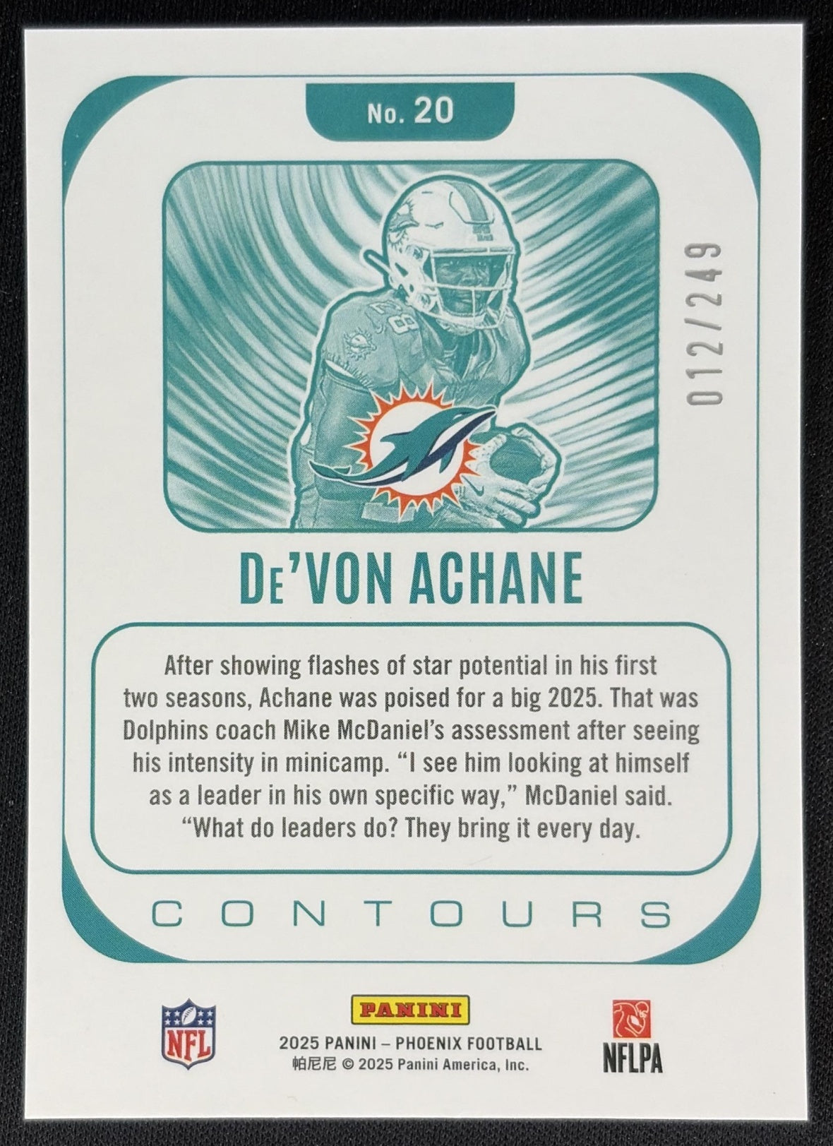 De'Von Achane 2025 Panini Phoenix Contours Red /249 Dolphins Football