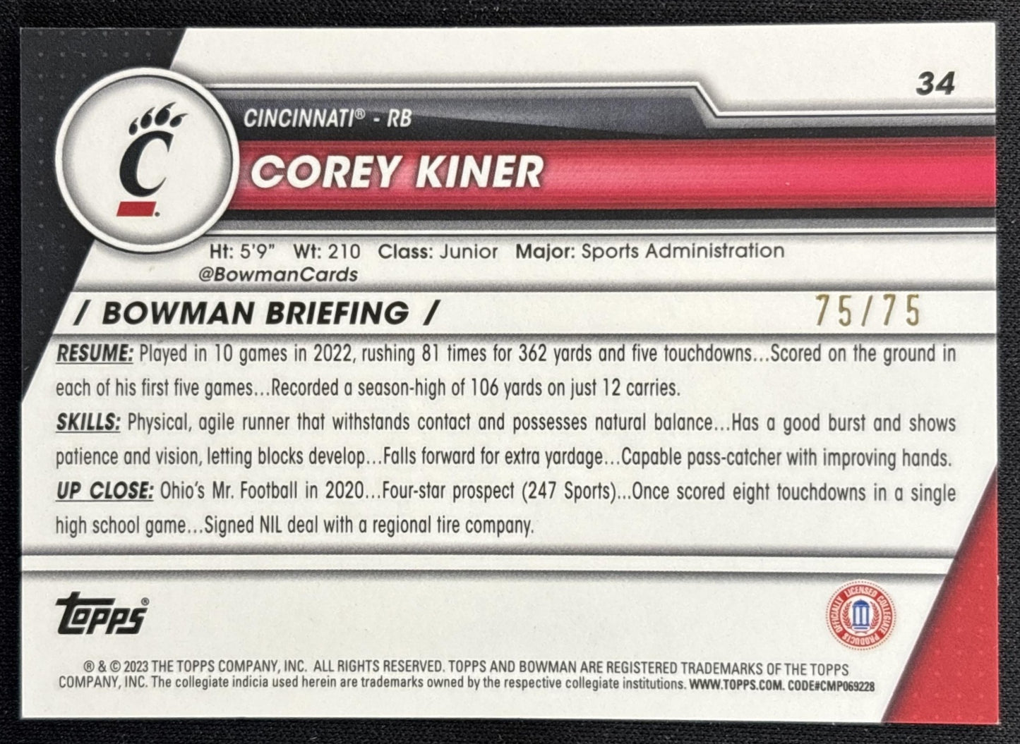 Corey Kiner 2023 Bowman University Chrome Sapphire Yellow /75 back