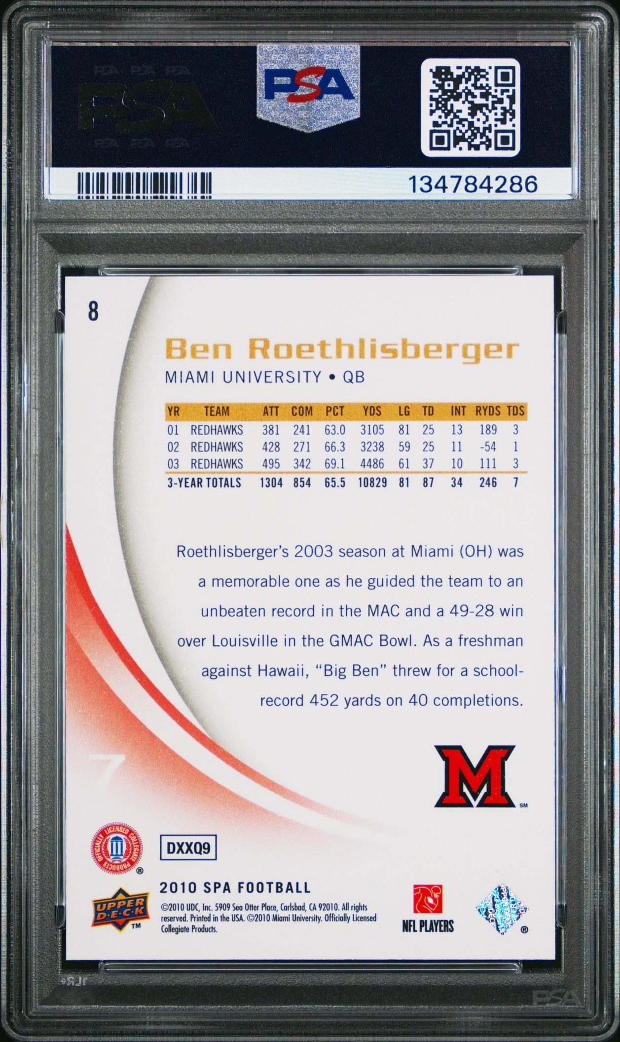 Ben Roethlisberger 2010 SP Authentic PSA 10 back