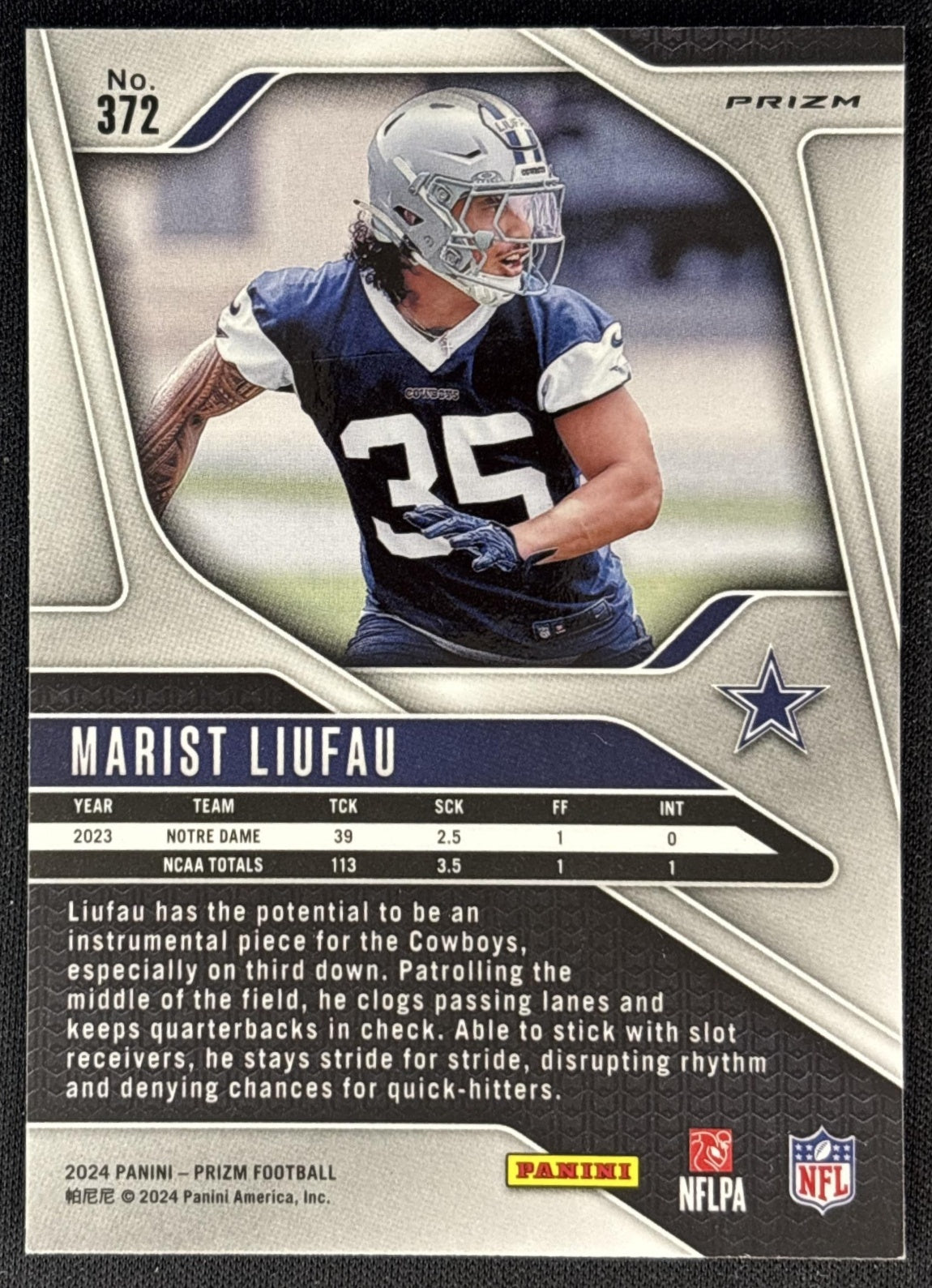 Marist Liufau 2024 Panini Prizm Lazer Cowboys back