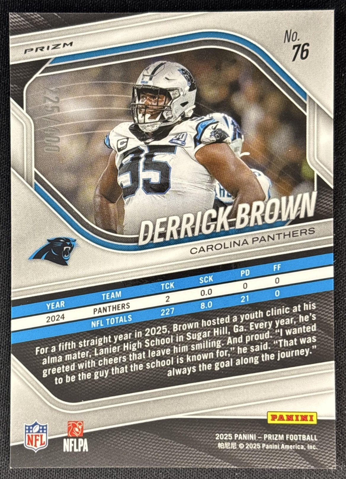 Derrick Brown 2025 Panini Prizm Pandora /400 Panthers back