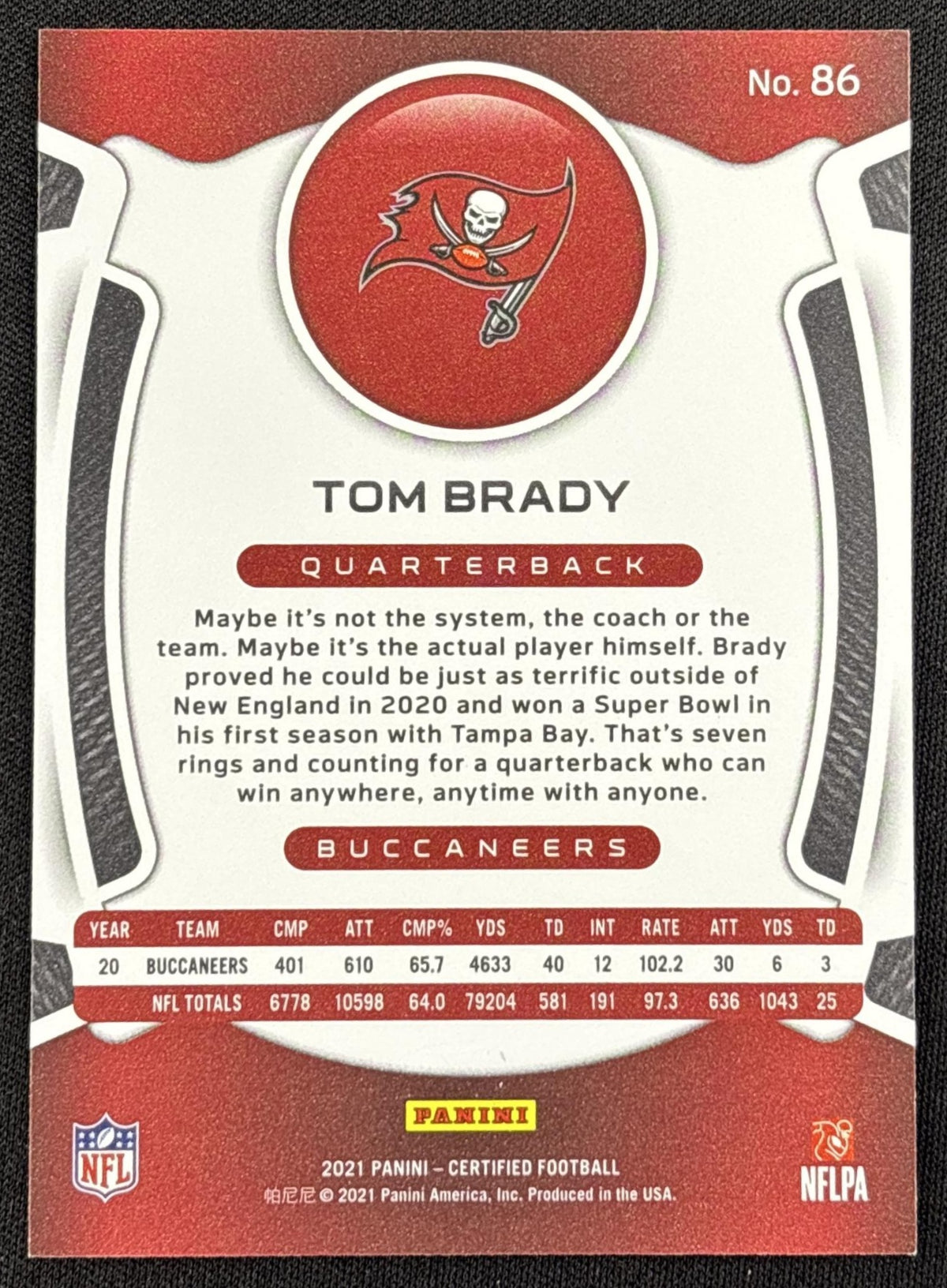 Tom Brady 2021 Panini Certified Mirror Blue /75 Buccaneers - back