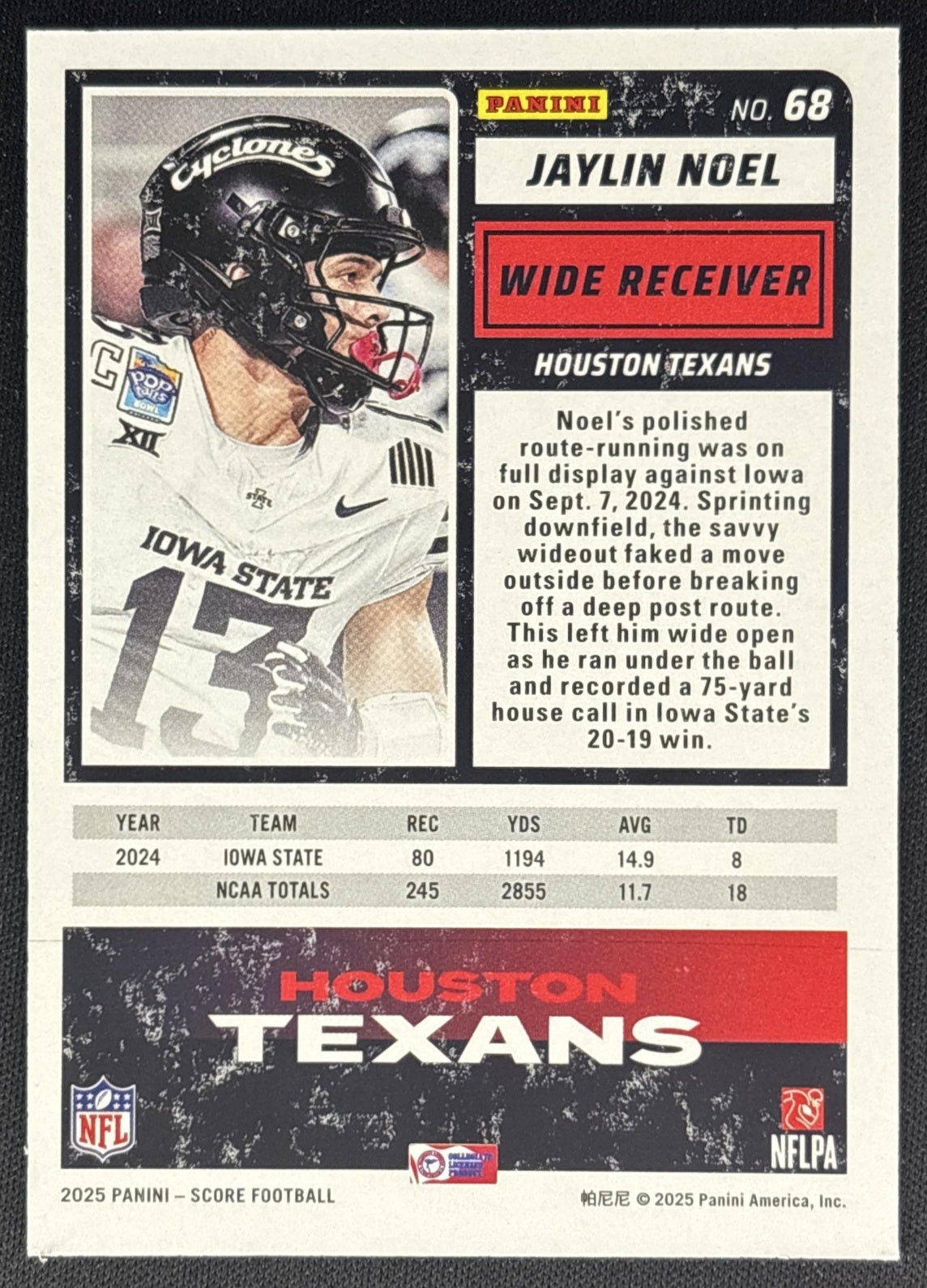 Jaylin Noel 2025 Panini Score Rookies Lava /799 Texans back