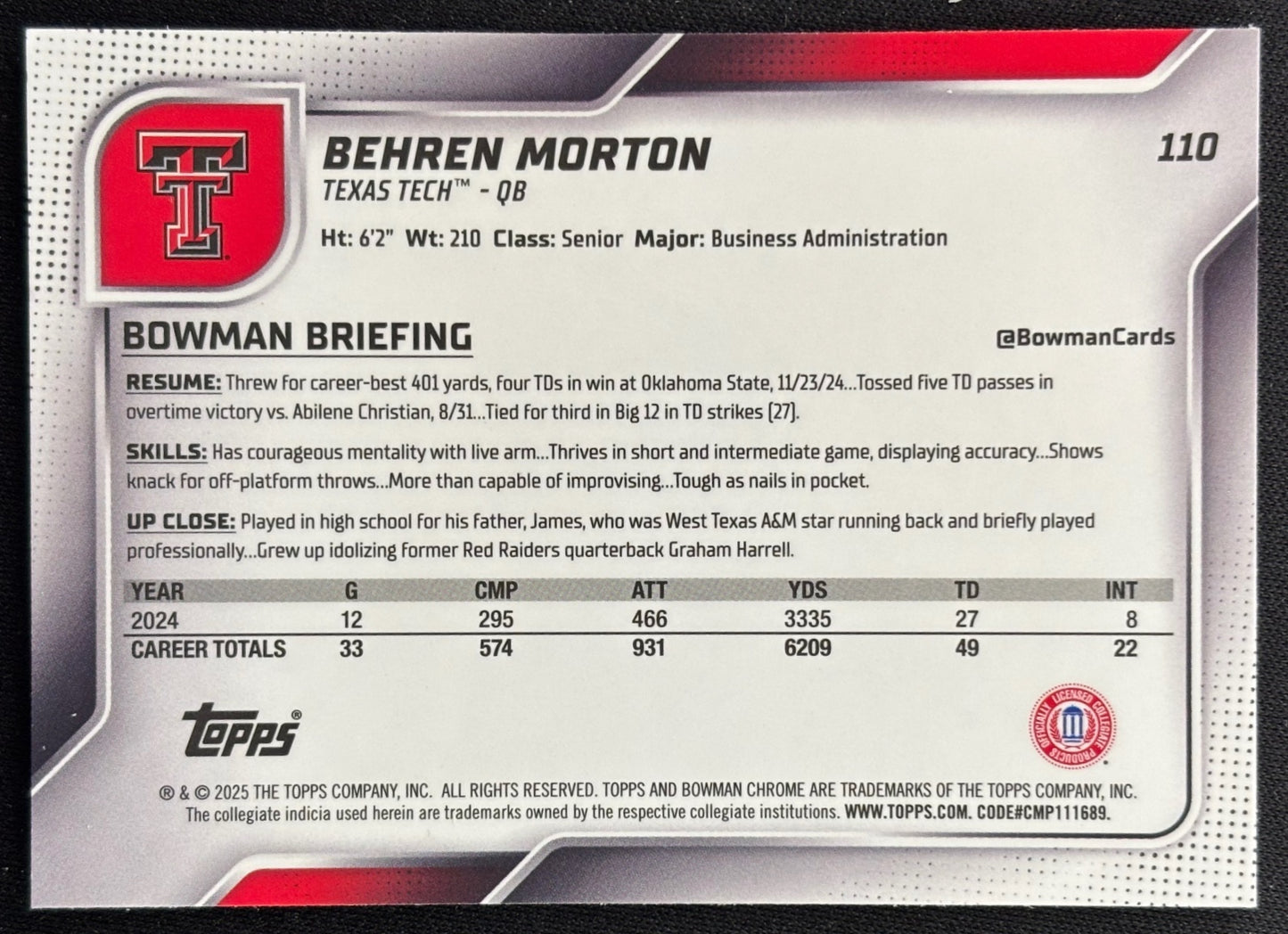 Behren Morton 2025 Chrome University Prospects X-Fractor Red Raiders