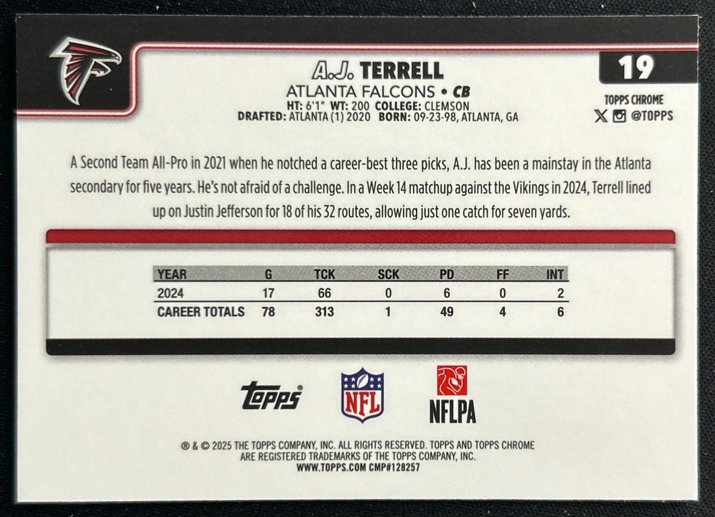 A.J. Terrell 2025 Topps Chrome Falcons Sports Trading Cards