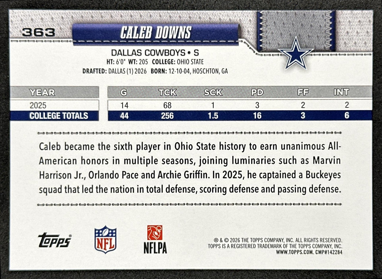 Caleb Downs 2026 Topps Flagship Rookie Cowboys Sports Trading Card