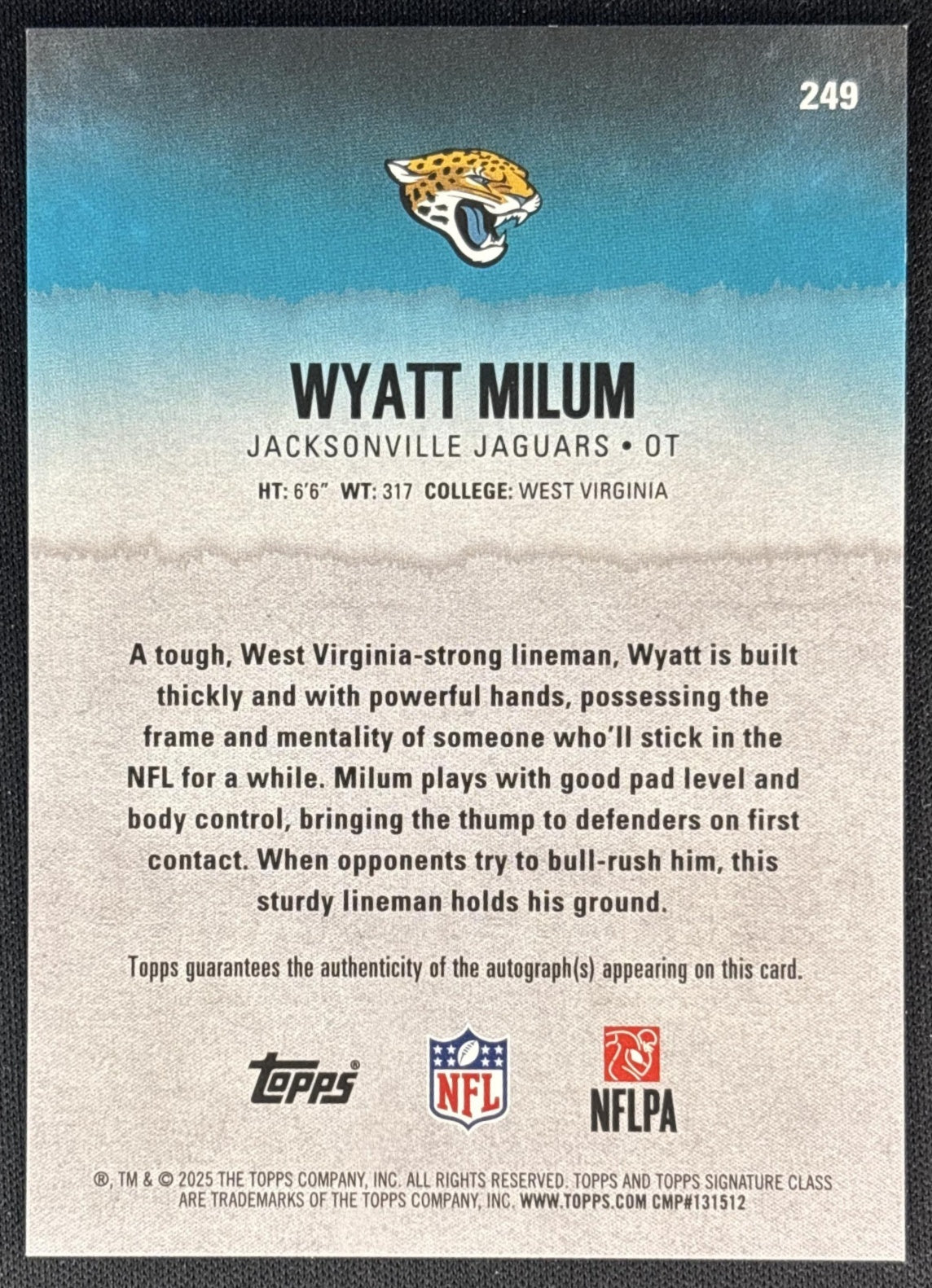 Wyatt Milum 2025 Topps Signature Class Rookie Auto Jaguars Back