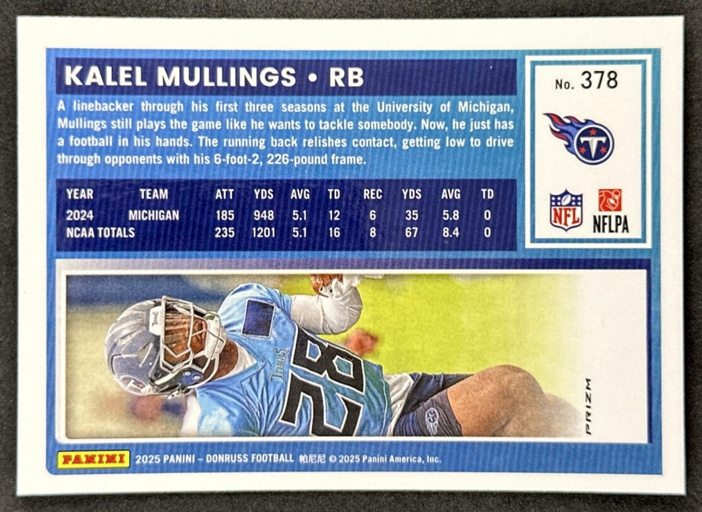 Kalel Mullings 2025 Donruss Optic Rated Rookie Preview Red Wave Titans back sports trading card