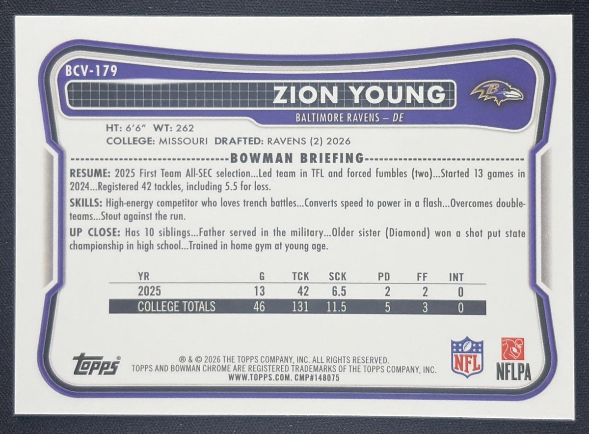 Zion Young 2026 Bowman Chrome NFL Neon Green Refractor /399 Ravens