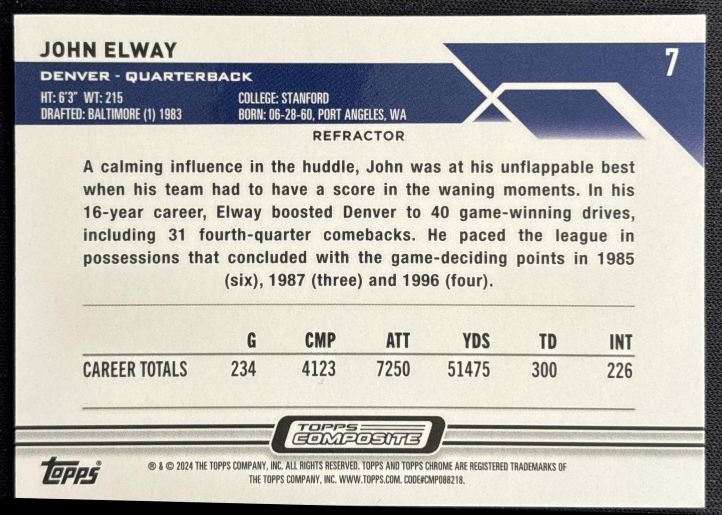 John Elway 2023 Topps Composite Chrome Refractor Broncos back