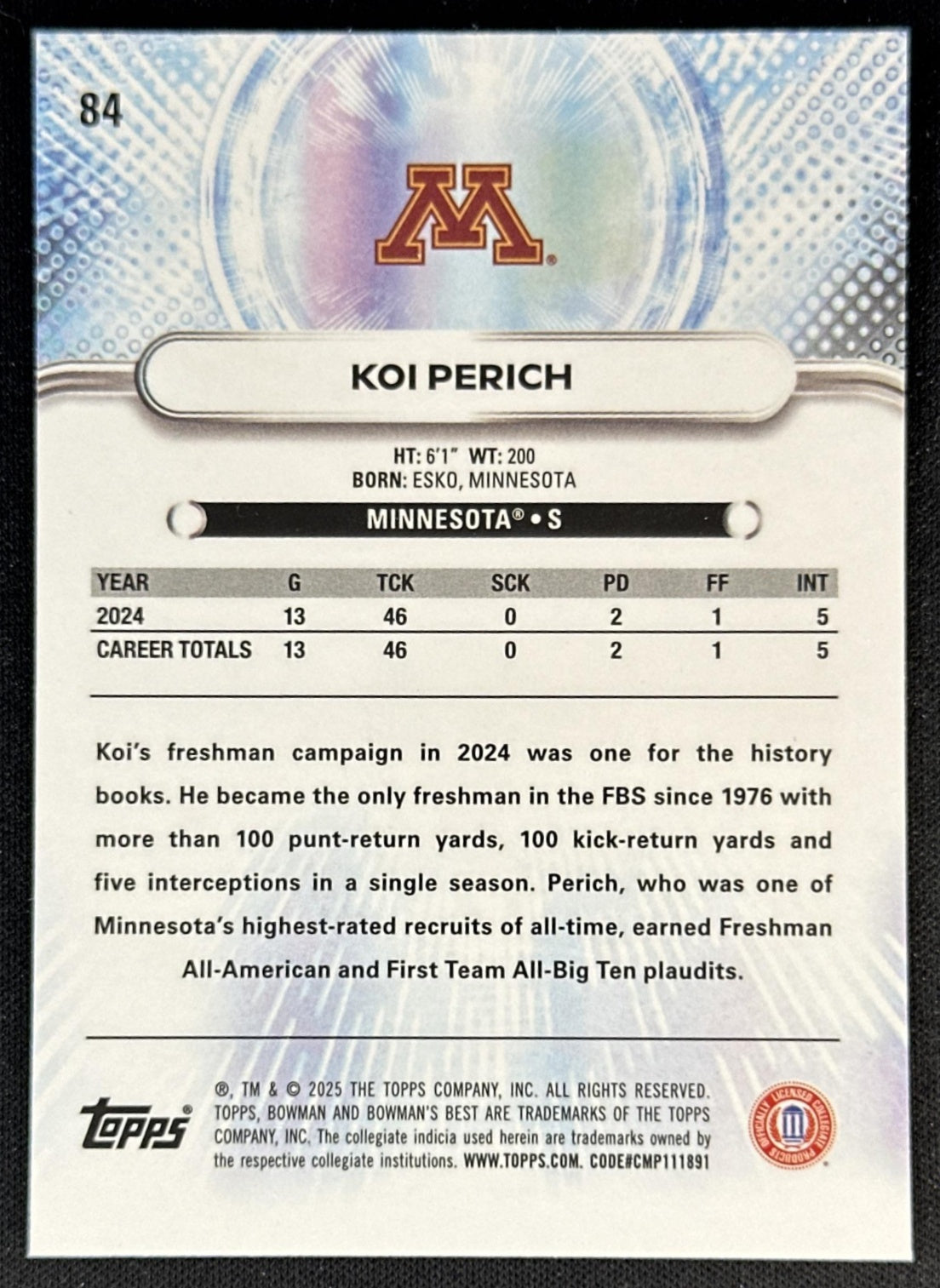 Koi Perich 2025 Best University Pink Lava Refractor /175 Golden Gophers Vikings
