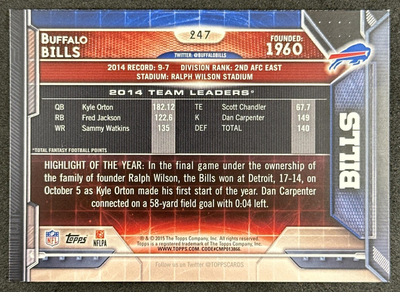 Buffalo Bills 2015 Topps Sports Trading Card