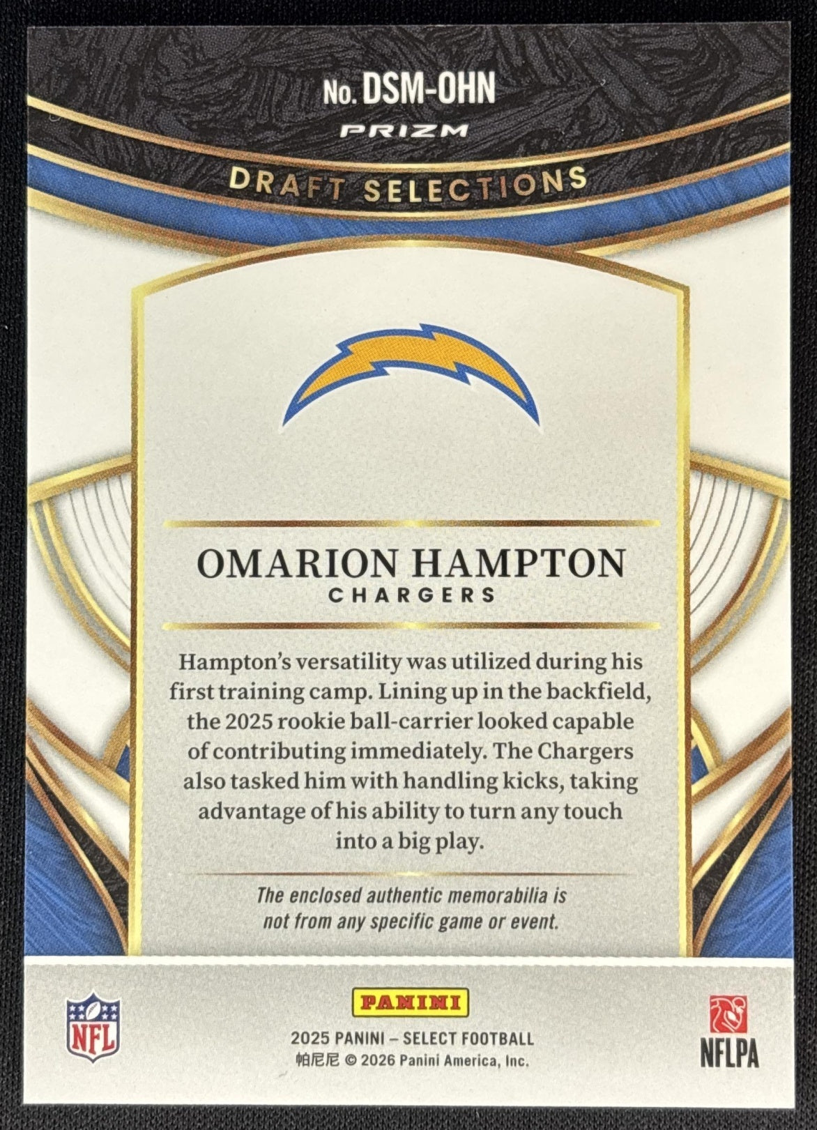 Omarion Hampton 2025 Select Draft Selections Memorabilia Blue Prizm Chargers