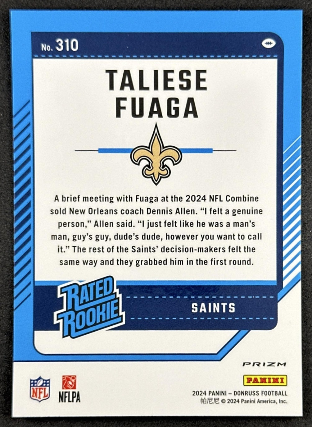 Taliese Fuaga 2024 Panini Donruss Optic Rated Rookie Pink Preview Saints Sports Trading Cards