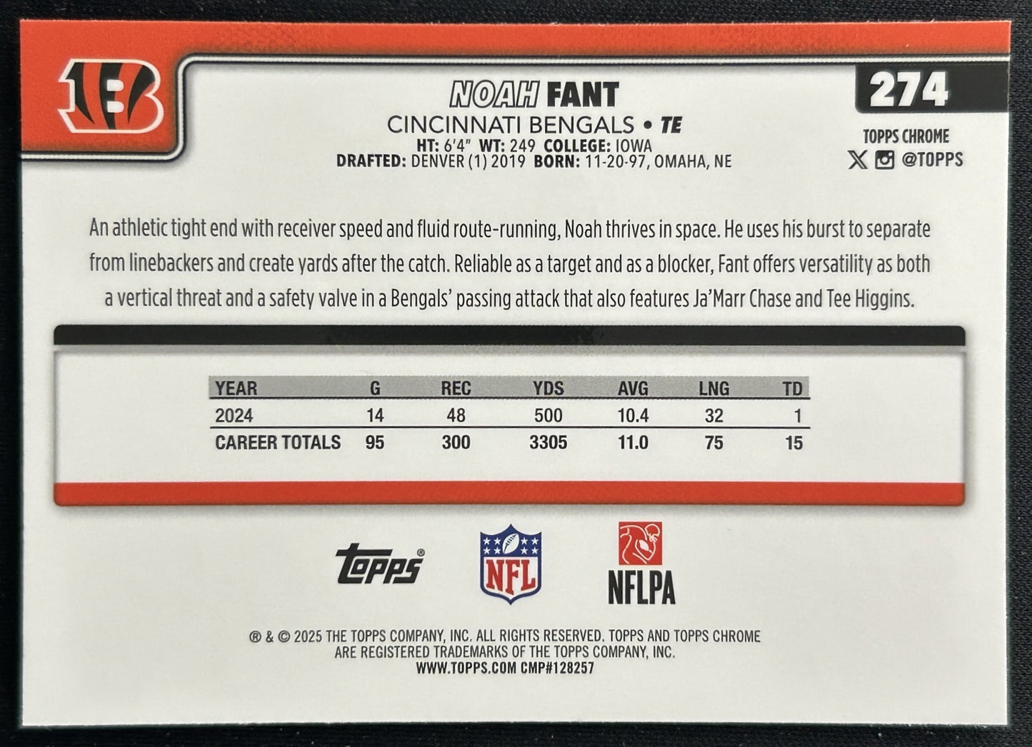 Noah Fant 2025 Topps Chrome Bengals