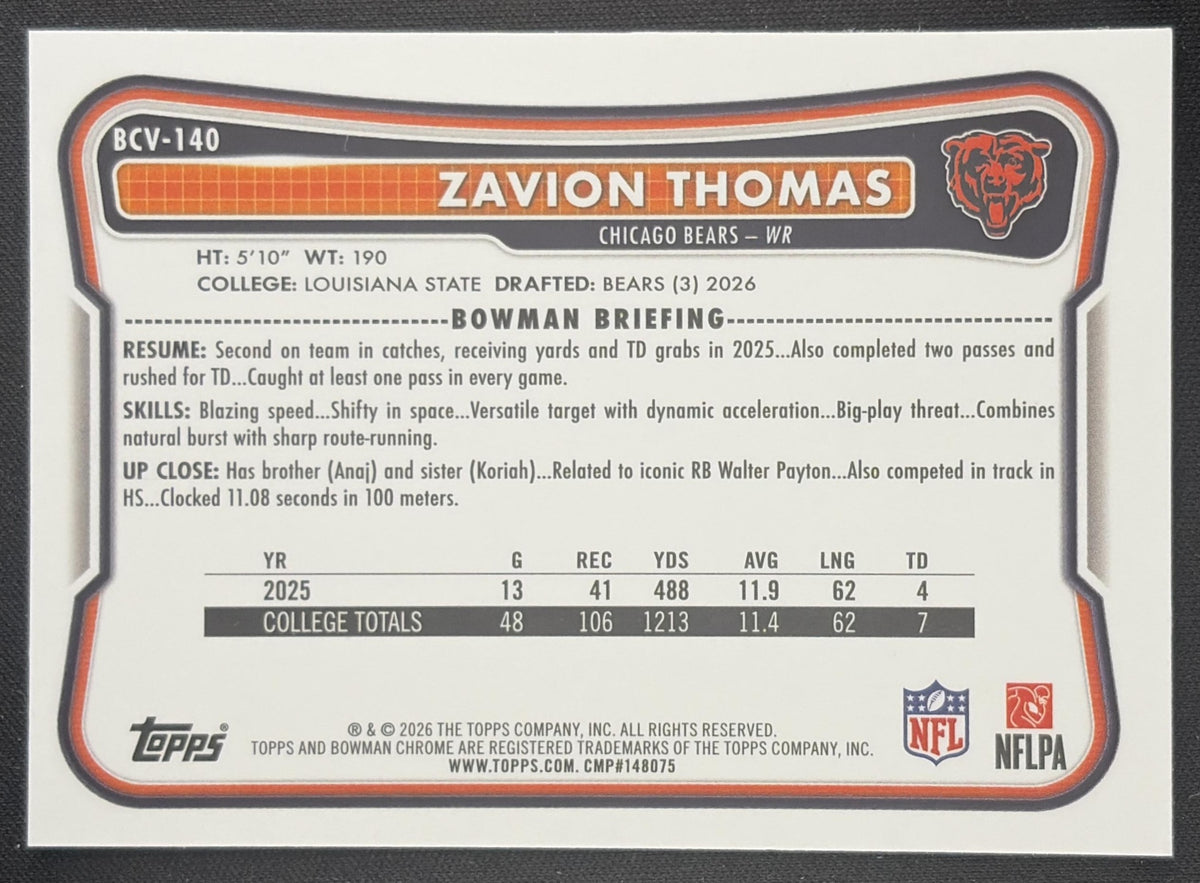 Zavion Thomas 2026 Bowman Chrome NFL Speckle Refractor Bears