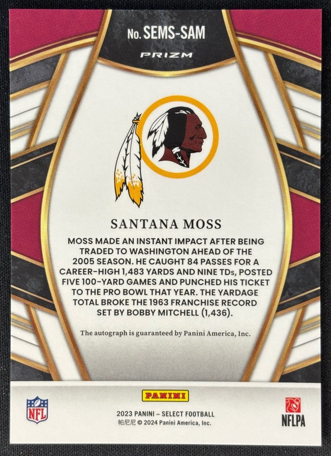 Santana Moss 2023 Select Signatures Prizm Redskins sports trading card