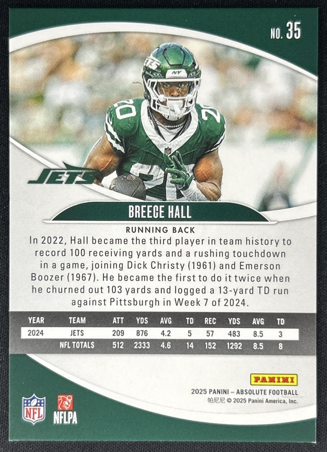 Breece Hall 2025 Panini Absolute Orange Mosaic /825 Jets Back