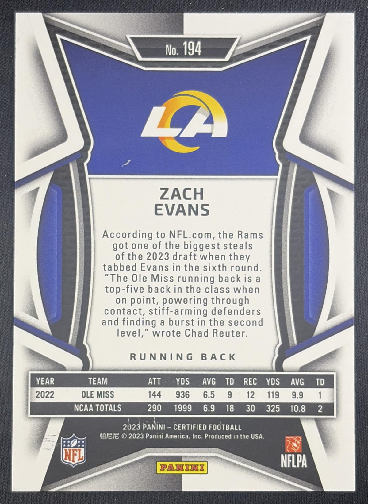 Zach Evans 2023 Panini Certified Blue Mirror /75 Rams