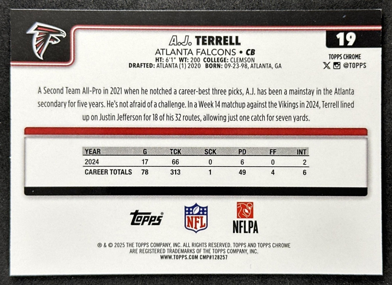 A.J. Terrell 2025 Topps Chrome Sapphire Falcons Sports Trading Cards