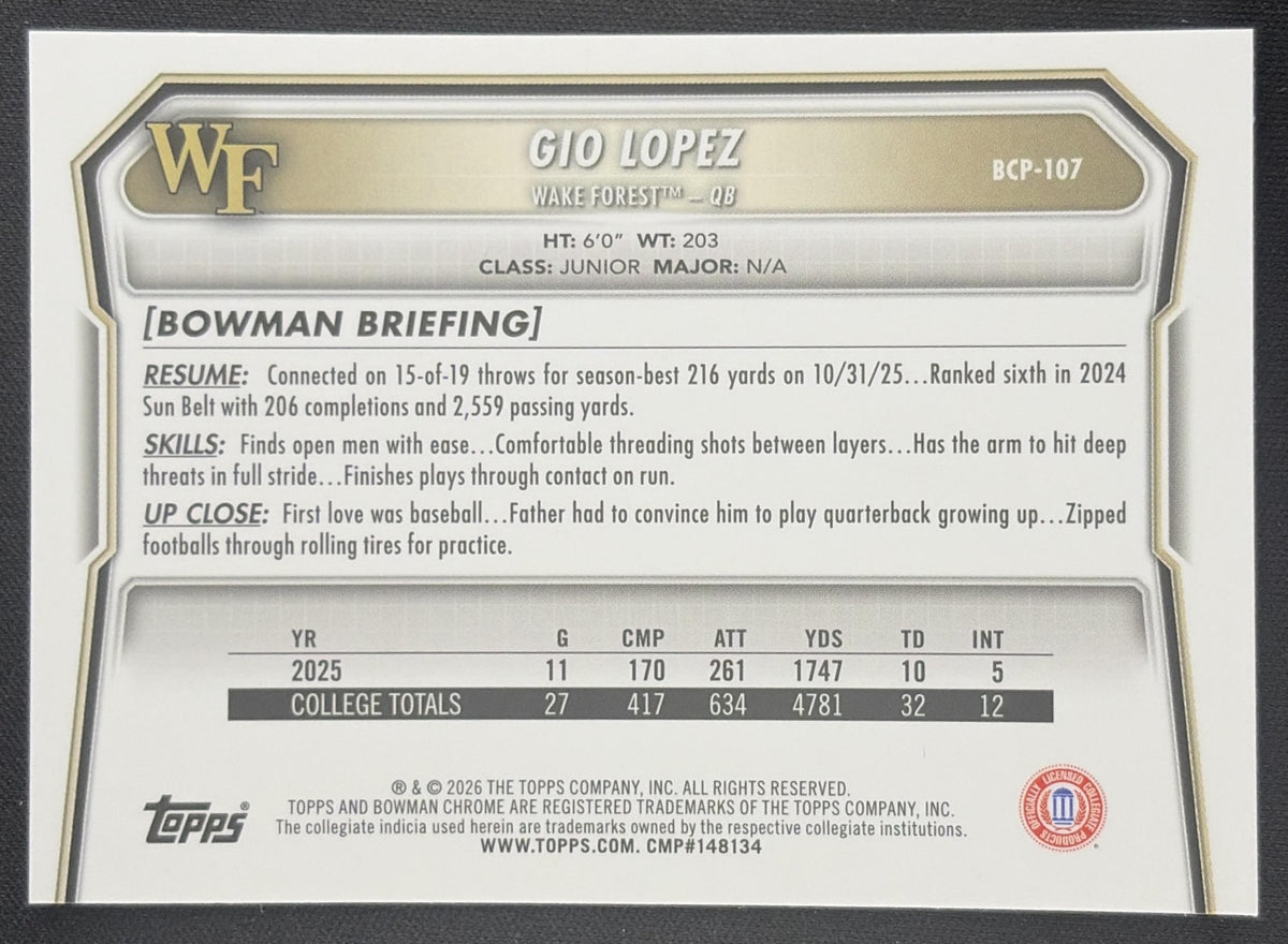 Gio Lopez 2026 Bowman Chrome Prospects Mojo Refractor Wake Forest
