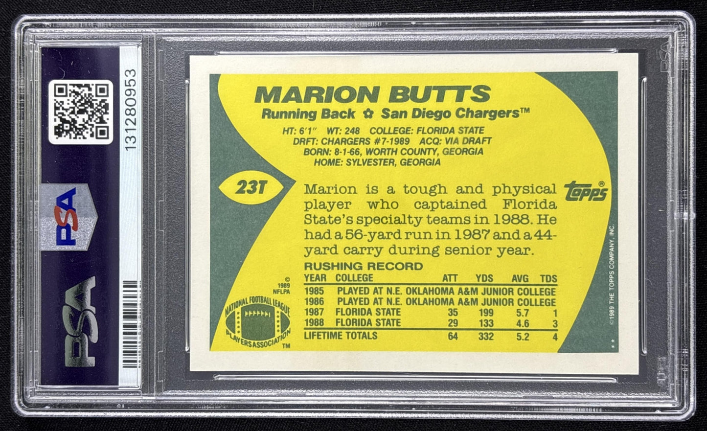 Marion Butts 1989 Topps Traded PSA 10 Chargers 131280953 Sports Trading Card