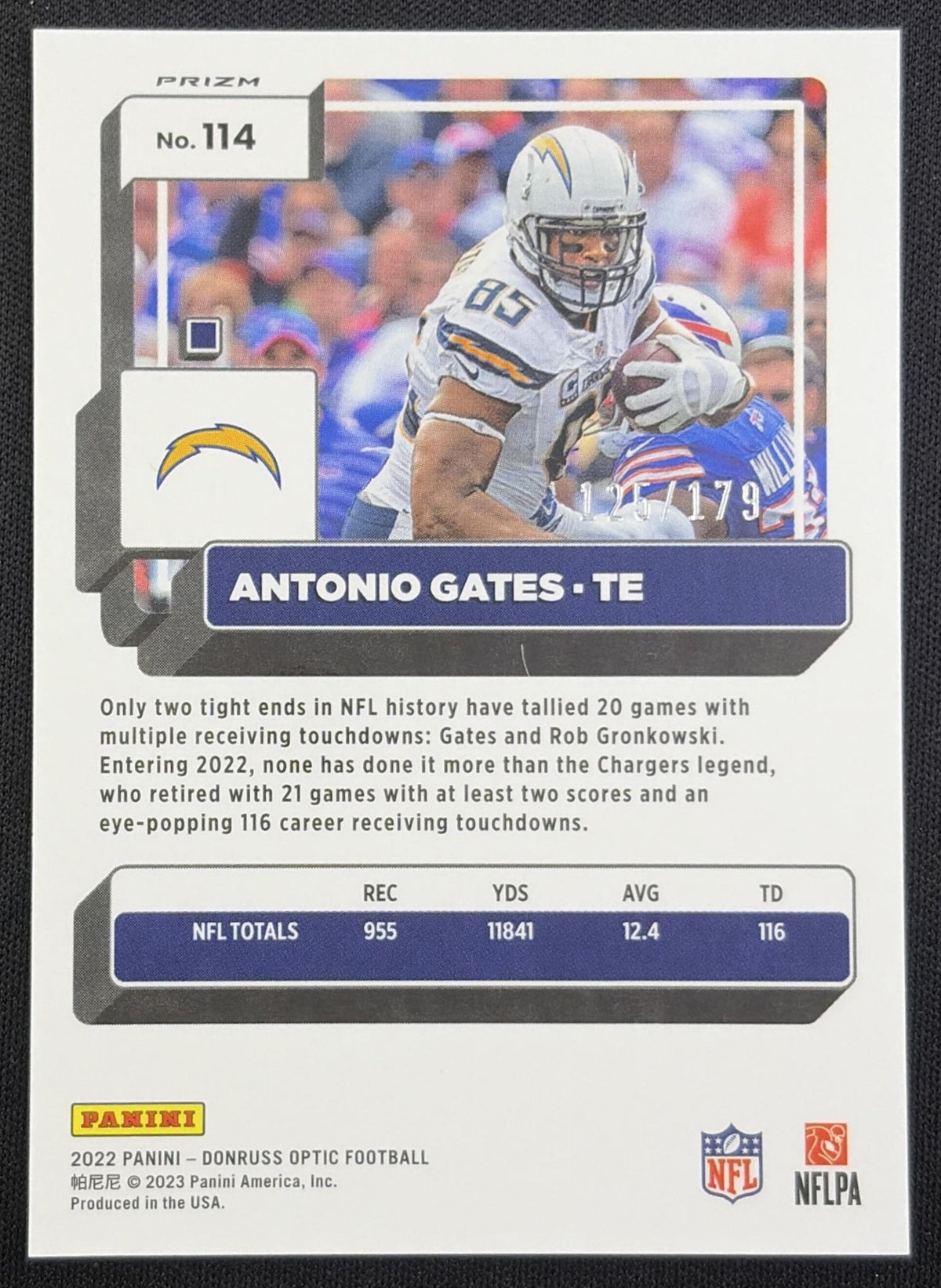 Antonio Gates 2022 Panini Donruss Optic Blue /179 Chargers back