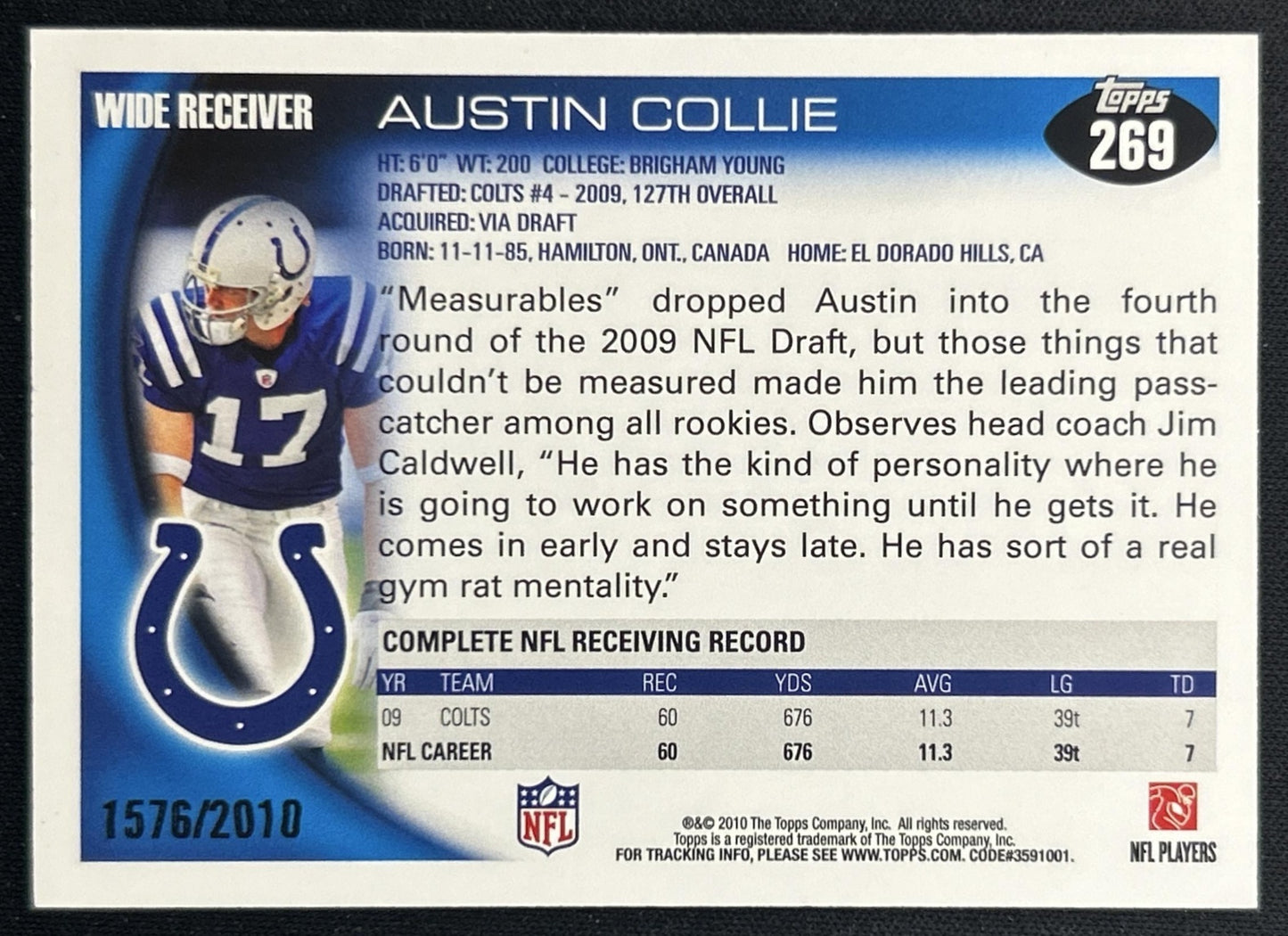 Austin Collie 2010 Topps Gold /2010 Colts back