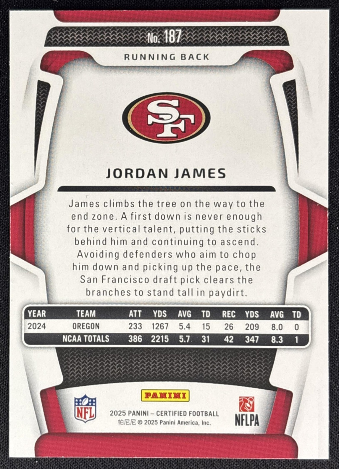 Jordan James 2025 Panini Certified Rookies /499 49ers back