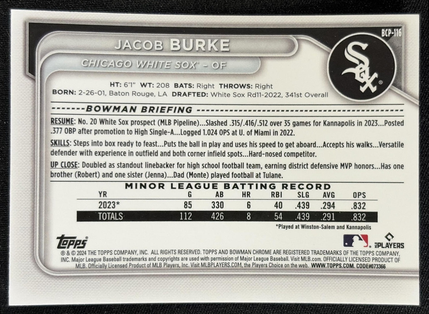 Jacob Burke 2024 Bowman Mega Box Chrome Prospects Mojo Refractor White Sox