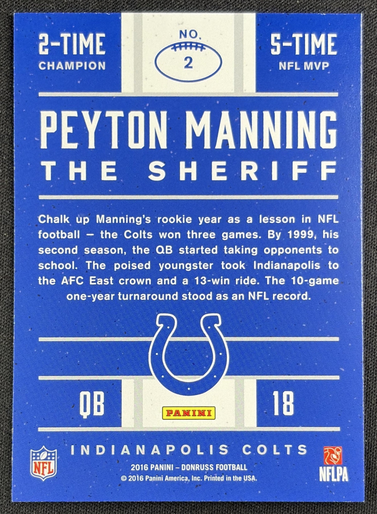 Peyton Manning 2016 Panini Donruss The Sheriff Tribute Red Foil Broncos 2 back