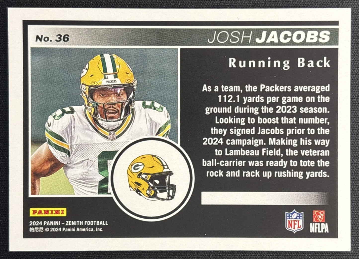 Josh Jacobs 2024 Panini Zenith 1st Prospect Down /100 Packers back