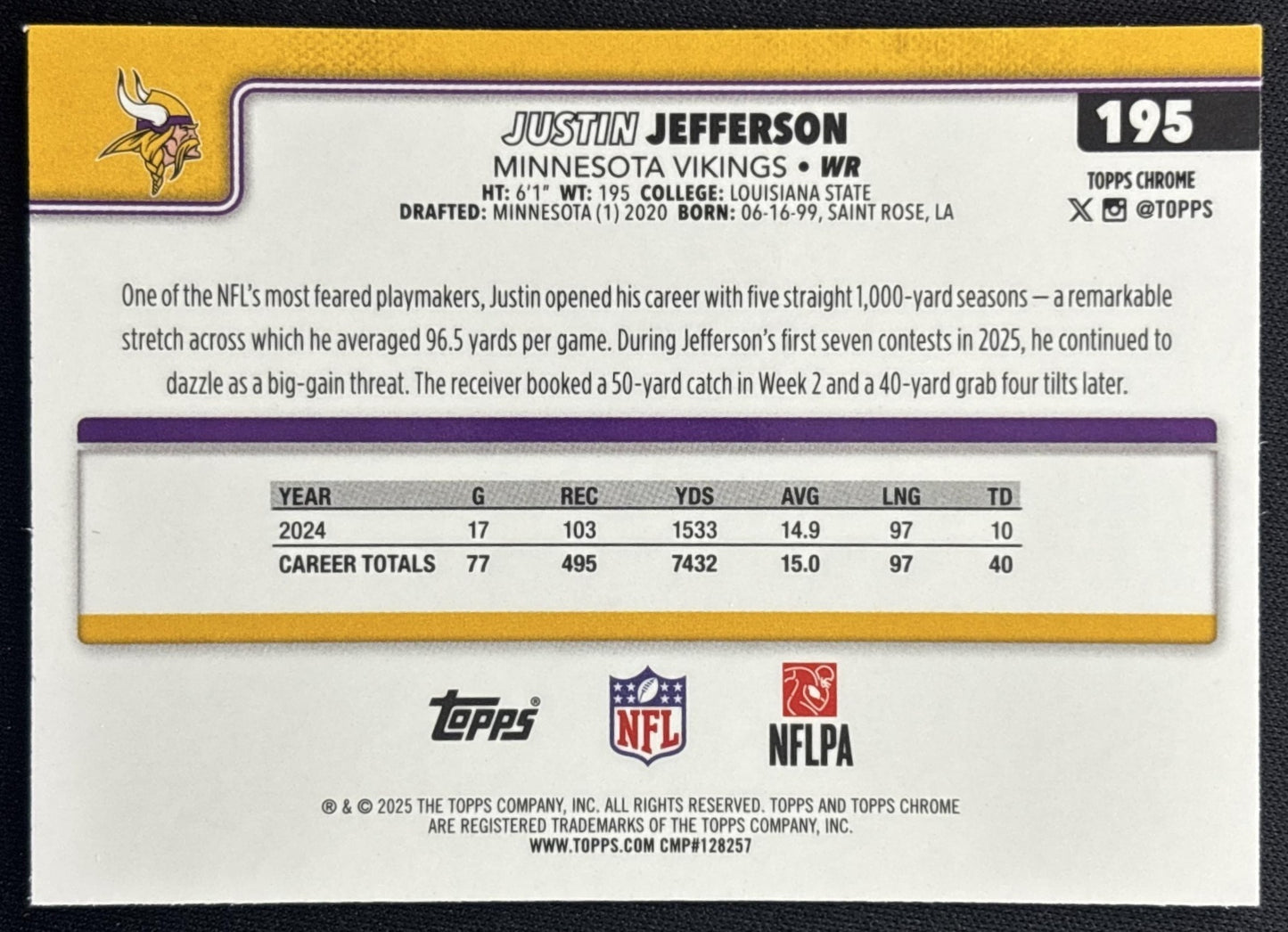 Justin Jefferson 2025 Topps Chrome RayWave Refractor Vikings back