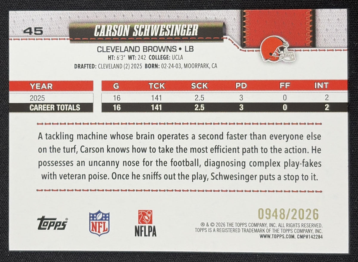 Carson Schwesinger 2026 Topps Gold /2026 Browns