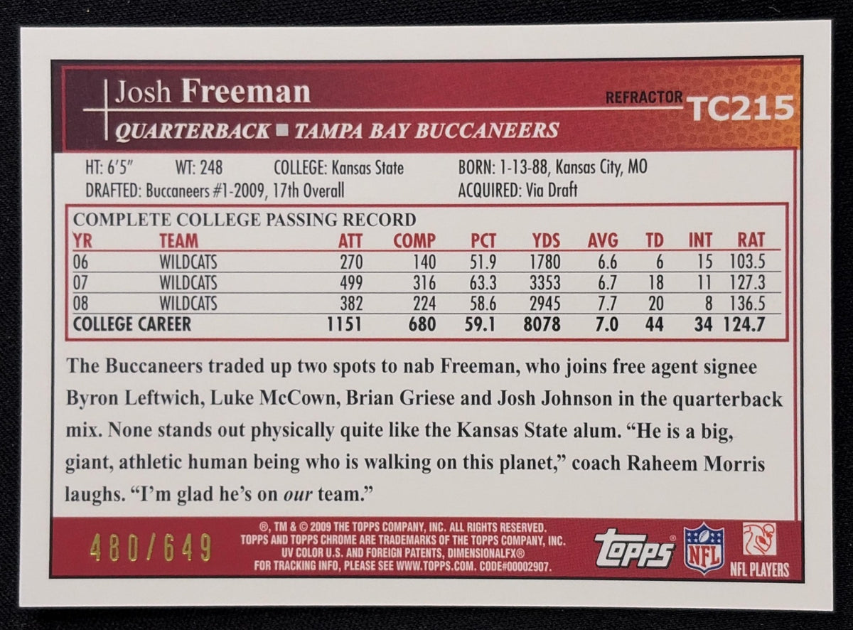 Josh Freeman 2009 Topps Chrome Copper Refractors /649 Buccaneers Sports Trading Card
