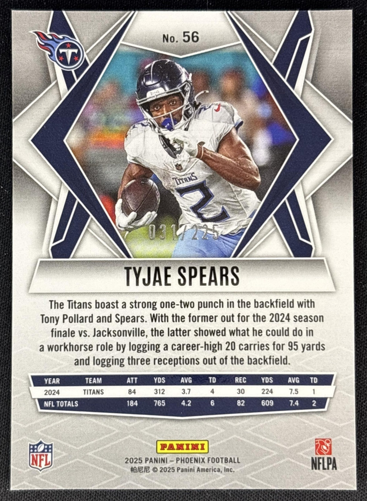 Tyjae Spears 2025 Phoenix Mosaic /225 Titans back
