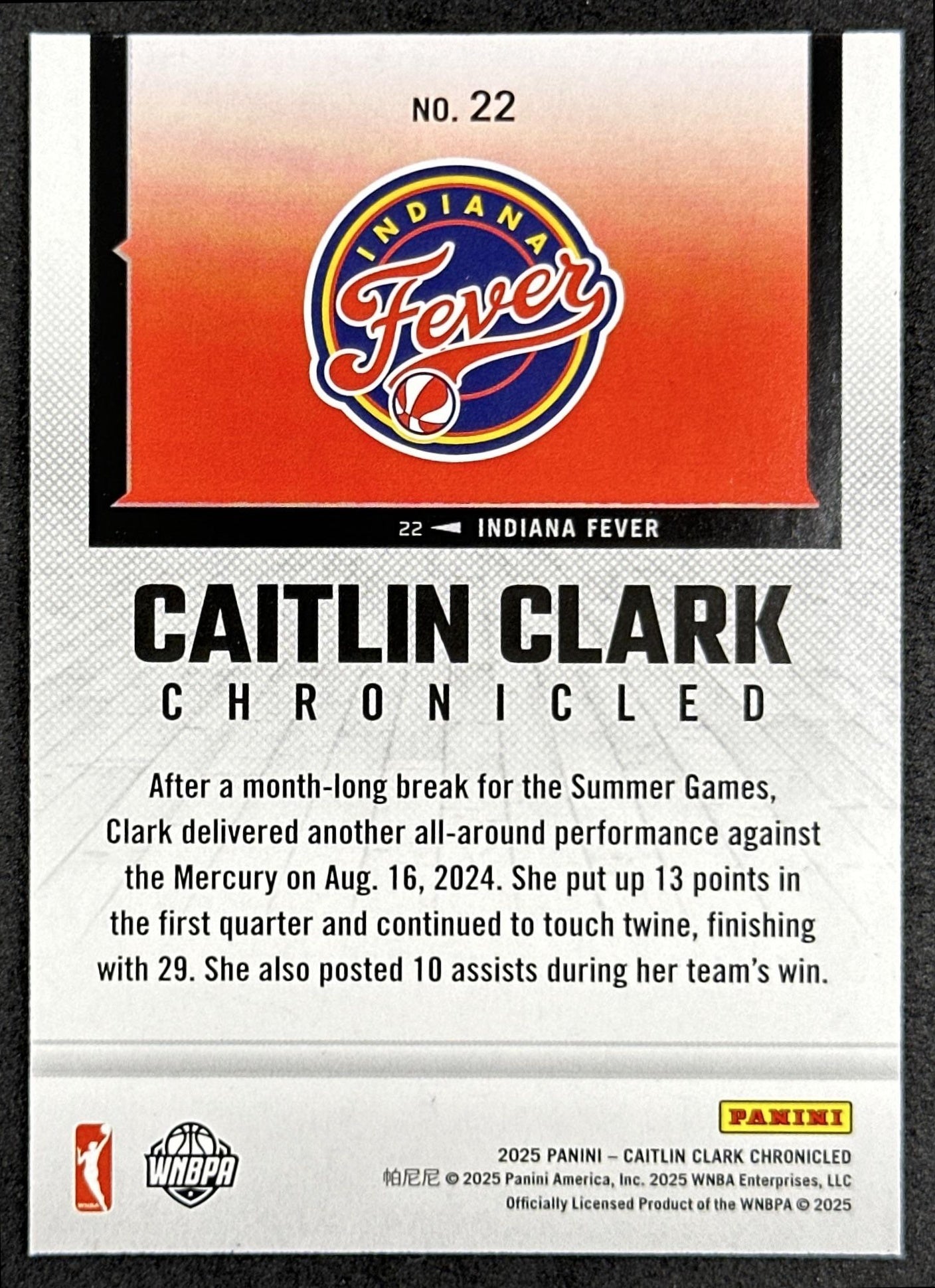 Caitlin Clark 2025 Panini Chronicled WNBA Holo Fever 22 Indiana Fever