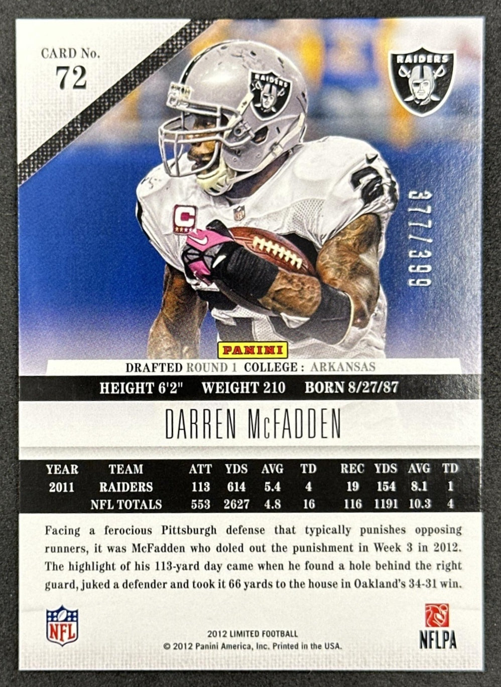 Darren McFadden 2012 Panini Limited /399 Raiders back