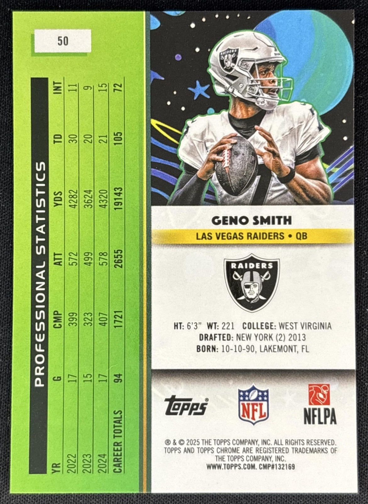 Geno Smith 2025 Topps Cosmic Chrome Blue Moon Refractor /99 Raiders Back