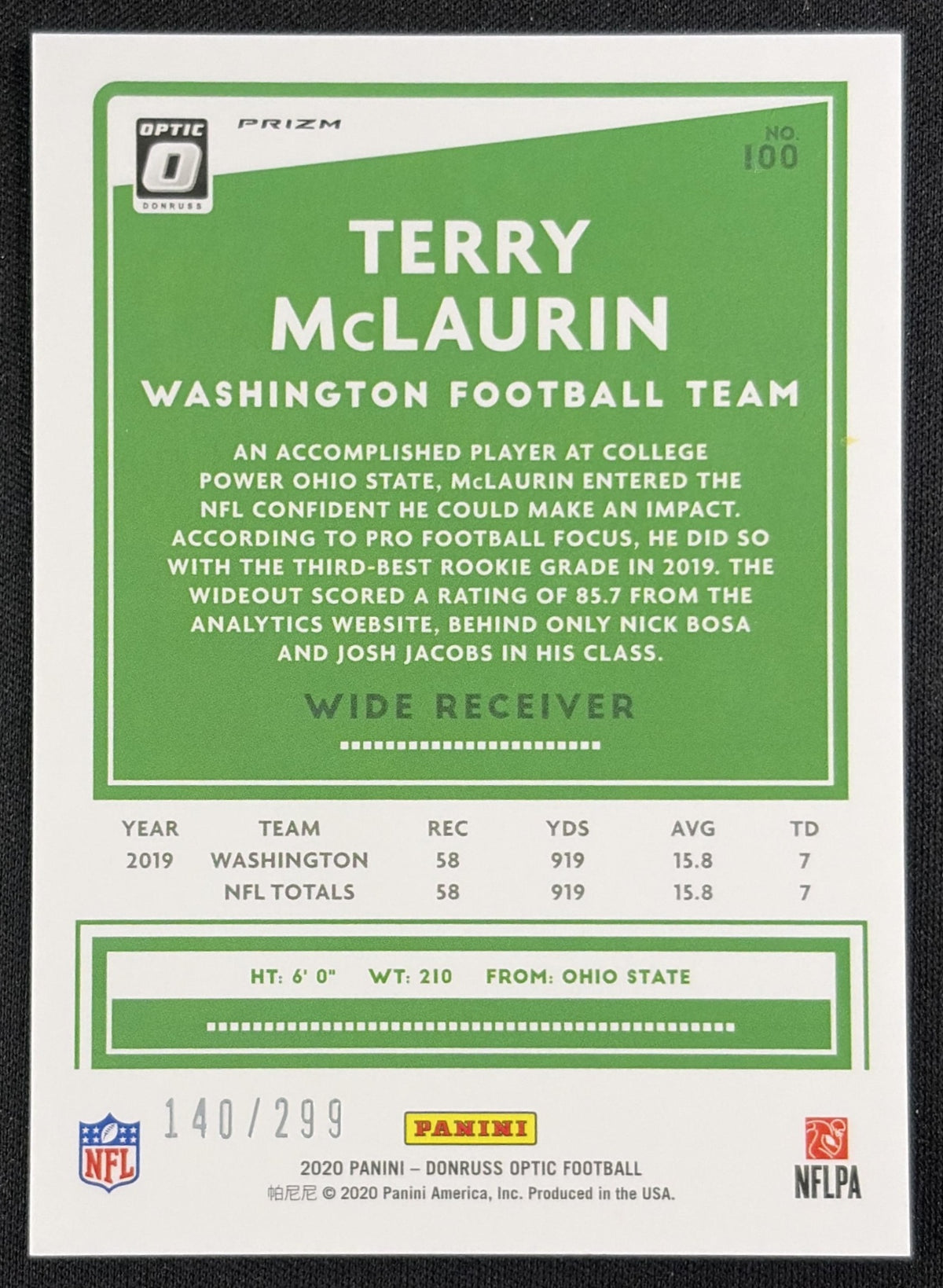 Terry McLaurin 2020 Panini Donruss Optic Aqua Prizm /299