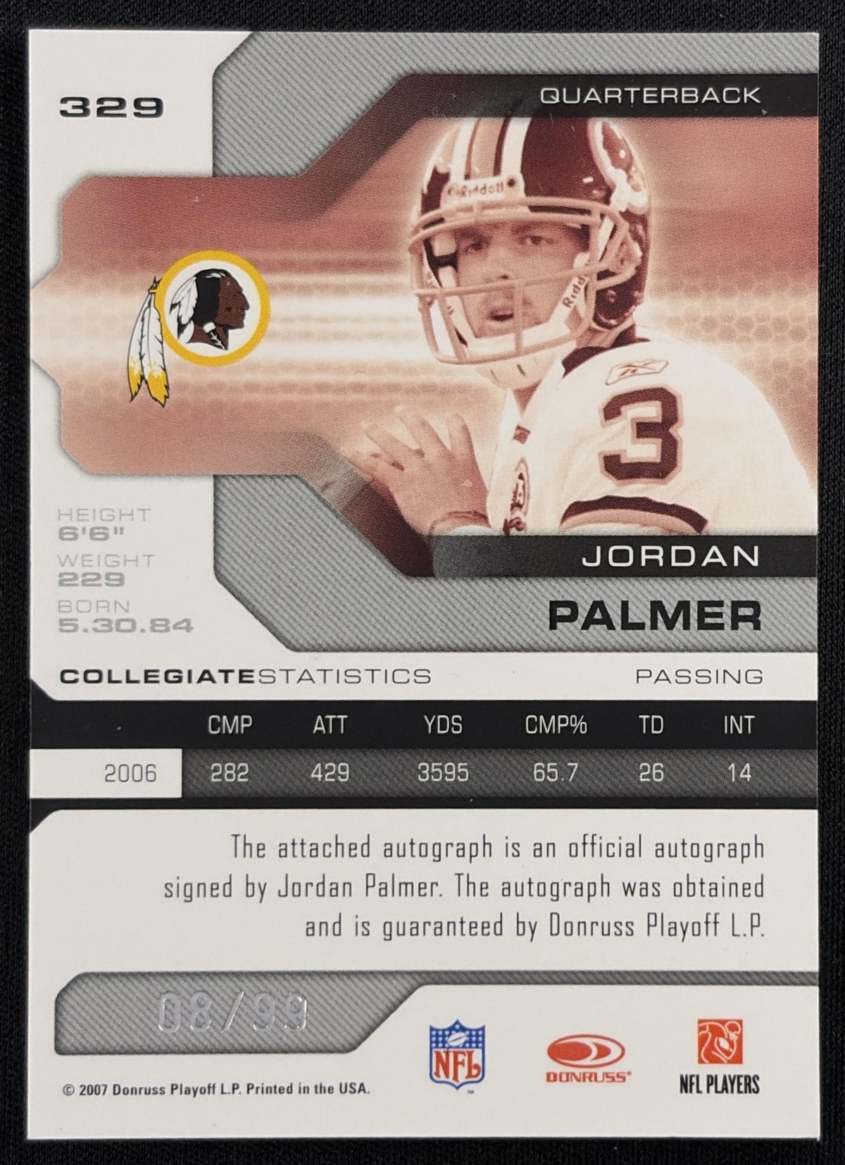 Jordan Palmer 2007 Leaf Limited Auto Rookie /99 Redskins