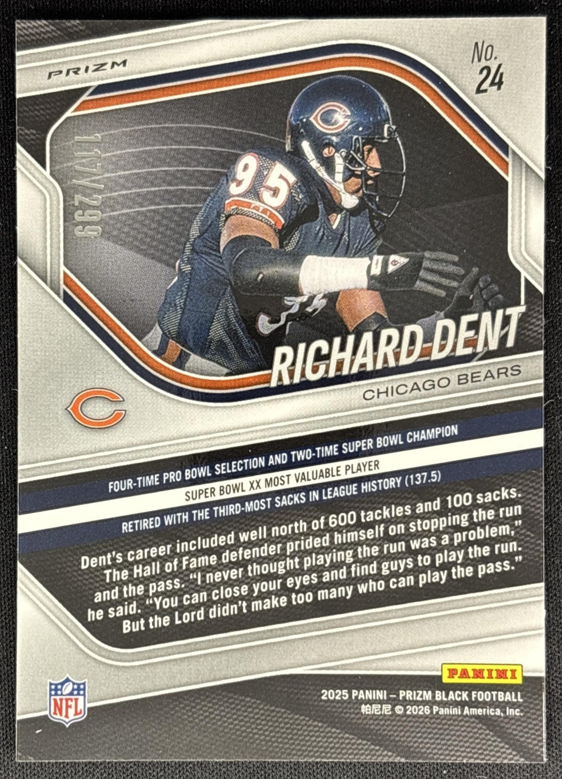 Richard Dent 2025 Panini Prizm Black Red /299 Bears Sports Trading Cards