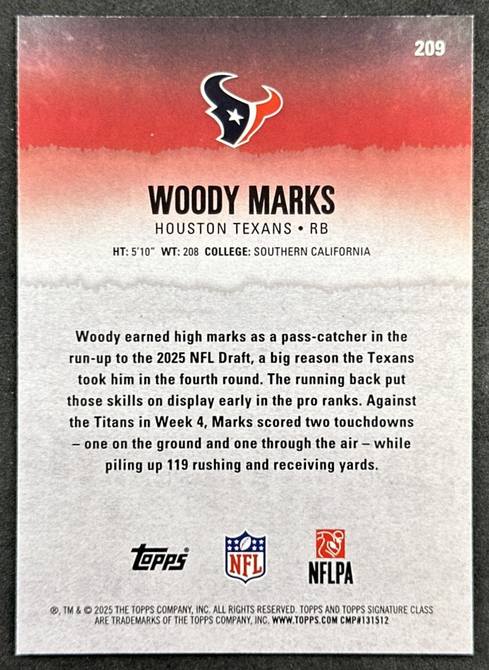 Woody Marks 2025 Topps Signature Class Rookie Blue & Yellow Foil Texans
